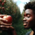ilustración de Adán negro recibiendo una manzana, al fondo se ven manzanos